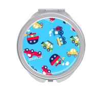 Red Green Little Transport Cars Seamless on Blue Folding Make Up Mirror, Compact 2X/1X Magnification Mirror, Women Portable Travel Makeup Mirror 2.4 x 2.4 inch