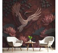 Red Green Mural Photo Wallpaper,Lotus Flying Crane Wallpaper for Living Room Tv Backdrop Office,3D Effect Elegant Animals Large Wall Mural Paper Decoration Poster Picture,400X280Cm