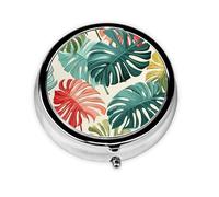 Red Green Palm Leaves Small Pill Box 3 Compartment Portable Pill Box for Purse Pocket Tropical Jungle Mini Medicine Organiser for Daily Vitamin Fish Oil Storage