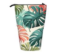 Red Green Palm Leaves Standing Pencil Case Tropical Jungle Pen Pouch Holder Telescopic Pencil Bag Pop Up Cosmetics Bag Stationery Organizer for School Office Travel