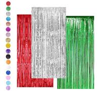 Red Green Silver Tinsel Curtain Party Backdrop Glitter,3P 3.2ft x 6.5ft Foil Curtain Christmas Decor,Foil Fringe Streamers Metallic Tinsel Door Hanging Foil Flow Silk Streamers for Xmas Holiday Party