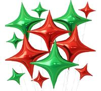 Red Green Star Balloons,12Pcs Four Angle Star Foil Balloons,26Inch and 10Inch Red Green Quadrangle Helium Balloon for Christmas Birthday Anniversary Party Decorations