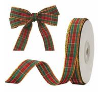 Red Green Tartan Ribbon - 10mm Christmas Tartan - 25 Yards Plaid Gold Edge Ribbon for Christmas Cards, Crafting, Gift Wrapping