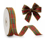 Red & Green Tartan Ribbon,10mm x25 Yards Gold Edge Plaid Ribbons for Celebrations,Wrapping, Decorations, Wreath Bows Ribbons (Red & Green)