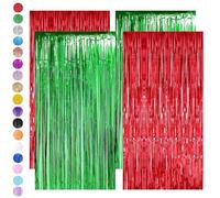 Red Green Tinsel Curtain Party Backdrop,4pcs 3.2ft x 6.5ft Foil Curtain Christmas Decorations,Foil Fringe Streamers Metallic Tinsel Door Hanging Foil Flow Silk Streamers for Christmas Holiday Party