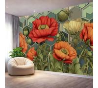 Red Green Wallpaper Mural, Victorian Vintage Geometric Floral 3D Wall Mural Wall Murals Hd Printing Water Proof, Print Photo Wallpaper for Bedroom Living Room Decor - 350 x 256 cm (W x H)