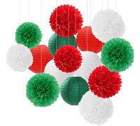 Red-Green White Party-Decorations Christmas Flowers Lanterns - 15PCS Italian Mexican Independence Day Paper Tissue Pom Poms Streamers,Mexico Italy Birthday Baby Shower Wedding Hanging Decor Hugfond