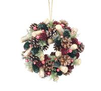 (Red, Green & Wood) 34cm Christmas Pinecone Wreath w/ Jute Hanger Decoration