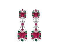 Red Green Zircon Square Drop Earrings for Women, 6cm Vintage Statement Dangle Earrings, Copper Base Crystal Jewelry for Party, Wedding, Date Night