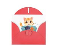 Red Greeting Card DLXW Kitten stealing fish Pattern for Christmas, Children's Birthday, Valentine's Day, Wedding Anniversary & Party Invitation
