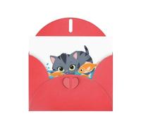 Red Greeting Card DLXW Kitten who loves fish Pattern for Christmas, Children's Birthday, Valentine's Day, Wedding Anniversary & Party Invitation