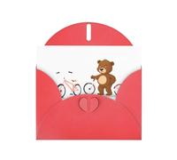 Red Greeting Card DLXW Little brown bear next to the bicycle Pattern for Christmas, Children's Birthday, Valentine's Day, Wedding Anniversary & Party Invitation