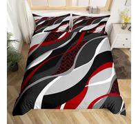 Red Grey Duvet Cover Set Double Size, Abstract Wavy Stripe Circle Comforter Cover with 2 Pillowcases, Modern Geometric Bedding Set 3pcs for Kids Girls Bedroom Decor Lightweight Bedspread Cover