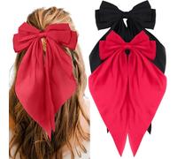 Red Hair Bow Black Hair Bow, 2PCS Big Bows for Girls Hair Bow Clips, Red Bow for Hair Black Bow for Hair Clips, Satin Hair Bows with Long Tail Alligator Clips, Coquette Bows Accessories