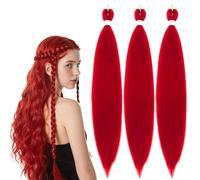 Red Hair Extensions for Braiding, 3 Pcs 26 Inch Long Pre Stretched Synthetic Braiding Hair Extensions for Braids, for Halloween Costume Cosplay Stage Party (Red)