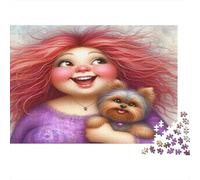 Red Hair Girl Jigsaw Puzzle Dog 1000 Pieces Recycled Paper Adults Jigsaws Educational Challenge Game Family Learning Women Men 52x38cm/1000pcs