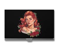 Red Hair Lady with Rose Tattoo Business Card Wallet Credit Card Holder Metal Square Small Pocket Purse