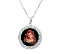 Red Hair Lady With Rose Tattoo Round Pendant Necklace Diamond Edging Brilliant Personalized Jewelry Gifts for Women Silver-style