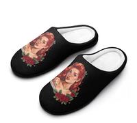 Red Hair Lady With Rose Tattoo Slippers Women Winter Warm Cotton Hotel Slippers Anti-Slip Indoor Slip-Ons House Shoes 7-8(39-40