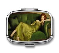 Red Hair Woman Lying on The Green Sofa Pill Box 2 Compartment Portable Medicine Pill Case Travel Pill Organizer for Pocket Purse
