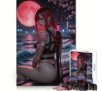 Red-haired Tattooed Warrior with Katana Under The Moon Jigsaw Puzzles 1000 Pieces for Adults Boost Memory Peaceful Fun Premium Cut Memorable Gift (50x75cm)