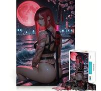 Red-haired Tattooed Warrior with Katana Under The Moon Jigsaw Puzzles 1000 Pieces for Adults Boost Memory Peaceful Fun Premium Cut Memorable Gift (50x75cm)