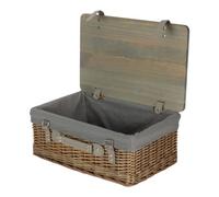 Red Hamper 41Cm Antique Wash Grey Lined Willow Empty Picnic Basket With Pinewood Lid