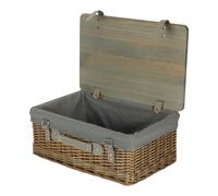 Red Hamper Antique Wash Grey Lined Willow Picnic Basket with Pinewood Lid - Small - 1 - Wicker and Pinewood
