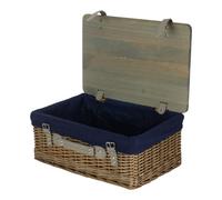 Red Hamper Antique Wash Navy Lined Willow Picnic Basket with Pinewood Lid - Medium - 1 - Wicker and Pinewood