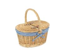 Wicker Child's Oval Blue Checked Lined Lidded Picnic Basket Red Hamper Blue One Size