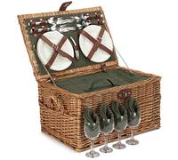 Red Hamper FH138 Wicker Four Person Green Tweed Chest Wicker Picnic Basket
