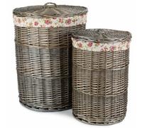 Red Hamper H035R Wicker Antique Wash Round Linen Basket Set 2 With Garden Rose Lining