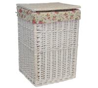 Red Hamper H078-1 Wicker Small Square White Wash Wicker Laundry Basket Rose Lining