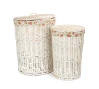 Red Hamper H080 Wicker Set Of 2 Round White Wash Laundry Baskets With A Garden Rose Lining