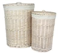 Red Hamper H083 Wicker Set Of 2 Round White Wash Laundry Basket With A White Lining