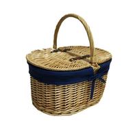 Red Hamper Oval Lidded Picnic Basket With Navy Blue Lining - Brown - One Size