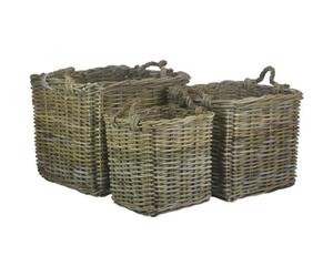 Red Hamper Ra008 Set Of 3 Square Grey Rattan Log Baskets