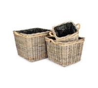 Red Hamper Ra049 Set Of 3 Square Tapered Rope Handled Rattan Planter With Plastic Lining