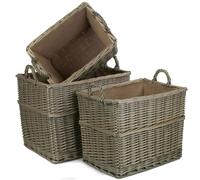 Red Hamper Rectangular Hessian Lined Wicker Log Basket - Brown - Set of 3