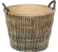 Red Hamper Round Grey Hessian Lined Wicker Log Basket - Brown
