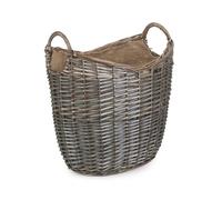 Red Hamper Scoop Neck Antique Wash Hessian Lined Wicker Log Basket - Brown - Medium