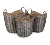 Red Hamper Scoop Neck Antique Wash Hessian Lined Wicker Log Basket - Brown - Set of 3