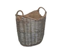 Red Hamper Scoop Neck Antique Wash Hessian Lined Wicker Log Basket - Brown - Small