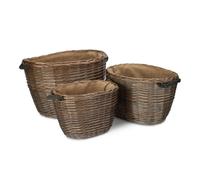 Red Hamper Set 3 Oval Hessian Lined Wicker Log Baskets in Brown Red Hamper Brown