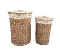 Red Hamper Set of 2 Light Steamed Wicker Round Laundry Baskets with Garden Rose Lining