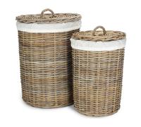 Red Hamper Set of 2 Round Rattan Laundry Basket with White Lining - Rattan