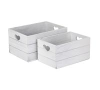 Set of 2 Vintage Effect Heart Cut Handle Wooden Storage Crate Red Hamper Grey One Size
