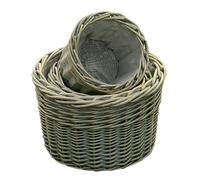 Red Hamper Set of 3 Provence Round Wicker Garden Planters - White Wash - Set of 3