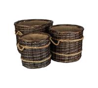 Red Hamper Set of 3 Round Hessian Lined Heritage Rope Lined Log Basket in Brown Red Hamper Brown