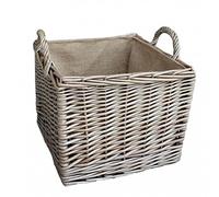 Red Hamper Small Antique Wash Square Hessian Lined Log Basket, Wicker, Brown, H33 x W33 x D26cm